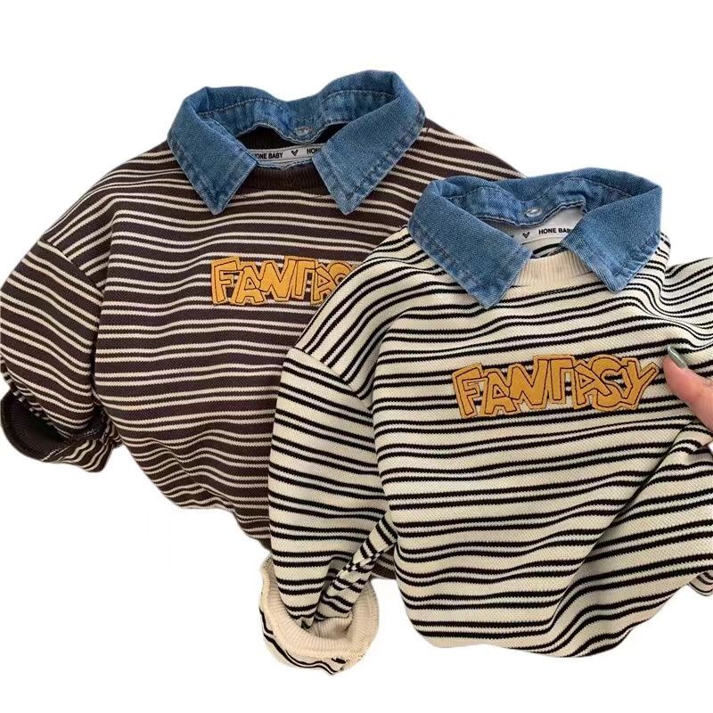 Áo Khoác denim Có Mũ Trùm Với Họa Tiết Sọc Ngang Mới Cho Bé Trai