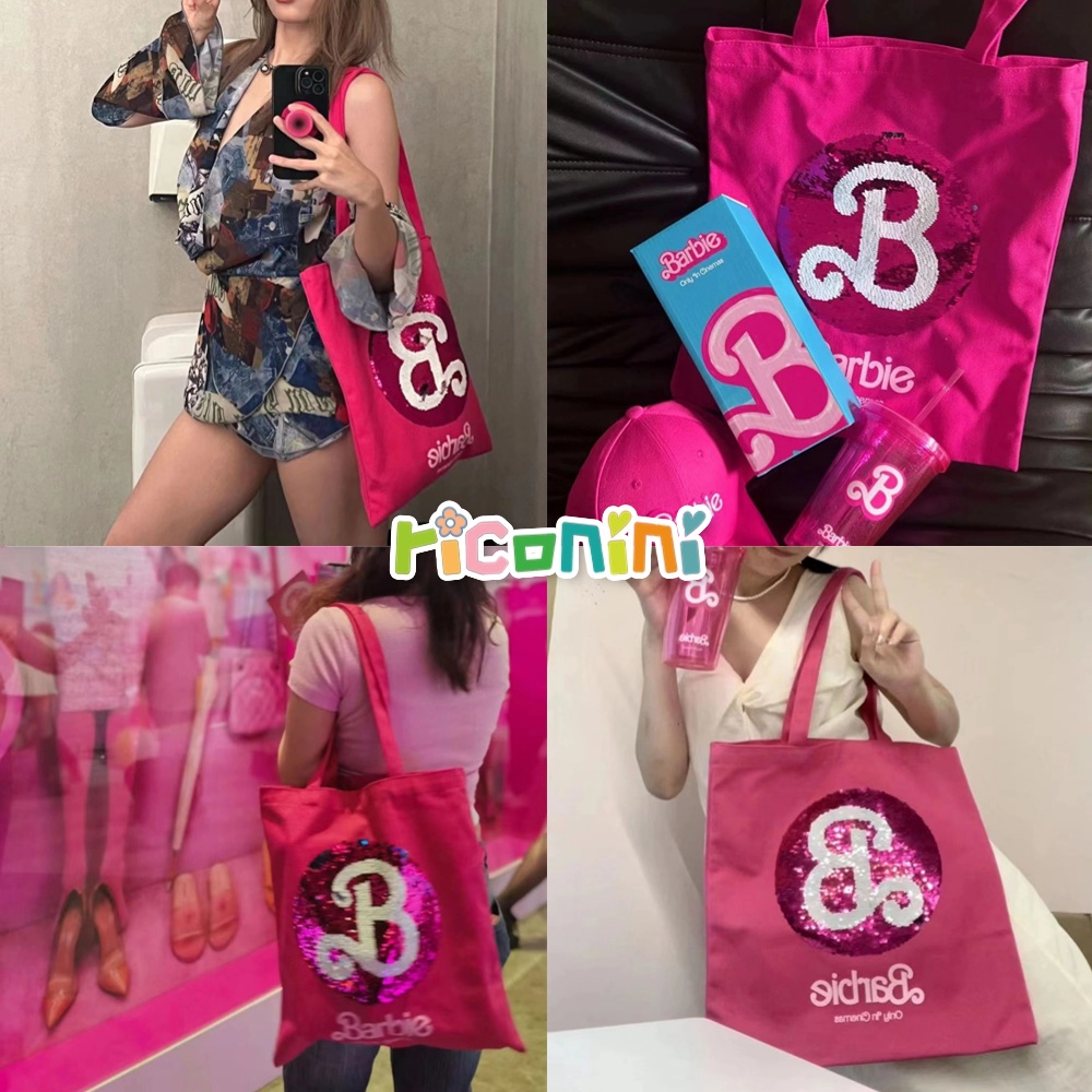 Túi Hồng Búp Bê barbie riconini Hoa Hồng! Túi Xách Tay Bằng Vải canvas Cỡ Lớn Thêu Trang Trí Dễ Thương Dành Cho Nữ