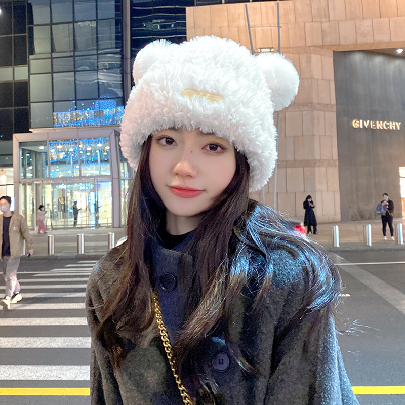 Dễ Thương Mũ Len Dệt Kim Phối Lông Hình Gấu Đáng Yêu Phong Cách Nhật Bản Cho Nữ