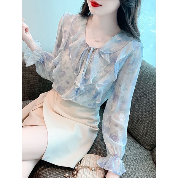 Áo Sơ Mi chiffon Tay Dài Phối Bèo In Họa Tiết Hoa Thời Trang Mùa Thu 2023 Phong Cách Mới Cho Nữ