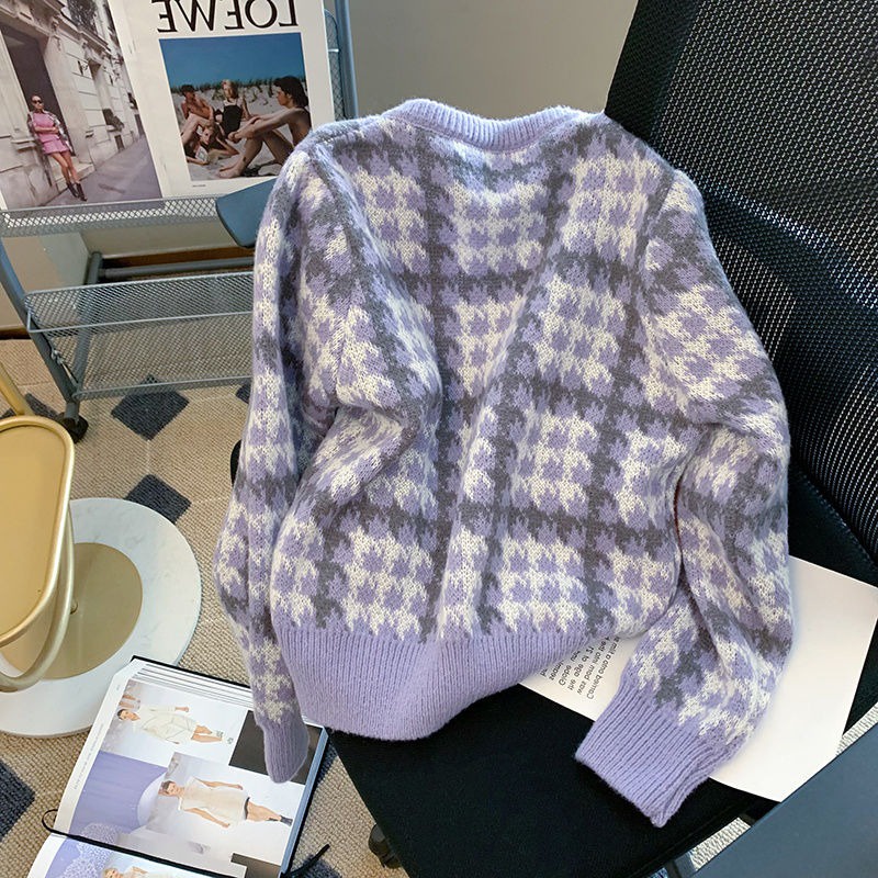 Áo Khoác cardigan Dệt Kim Họa Tiết houndstooth Màu Tím Xinh Xắn Cho Nữ