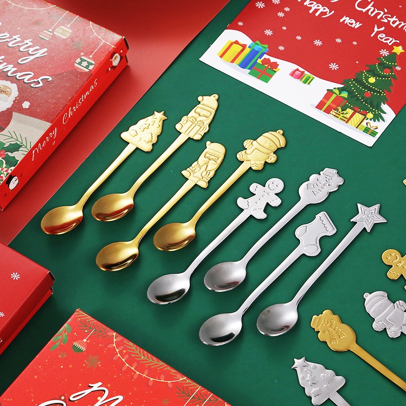 Bộ Dụng Cụ Ăn Uống / Muỗng Cà Phê / Tách Trà Hình Ông Già Noel Hoạt Hình Dễ Thương Bằng Thép Không Gỉ