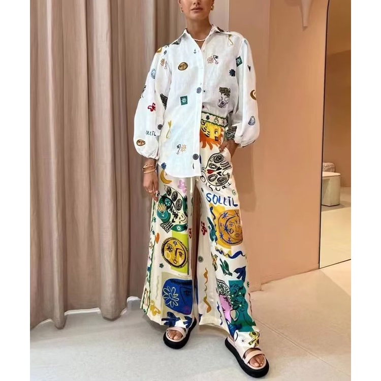 Zara Bộ Áo Sơ Mi Tay Dài Dáng Rộng + Quần Dài Ống Suông Thời Trang Mùa Hè