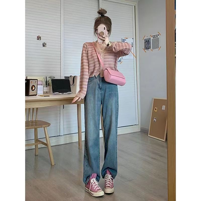 Áo Khoác cardigan Cổ Chữ v Hoạ Tiết Kẻ Sọc Màu Hồng