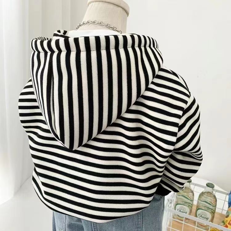Áo Khoác Có Nón Phối Khóa Kéo Họa Tiết Kẻ Sọc Trắng Đen 80-140cm Phong Cách Hàn Quốc Thời Trang Mùa Thu Cho Bé