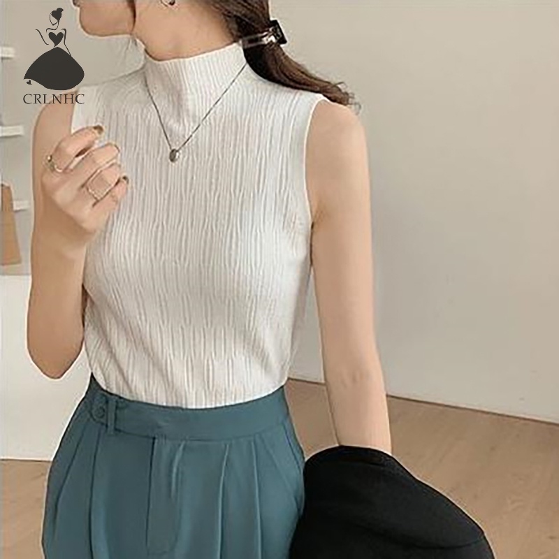 Áo Dệt Kim Sát Nách Cổ Lọ Màu Trơn Thời Trang Mùa Hè Cho Nữ vn