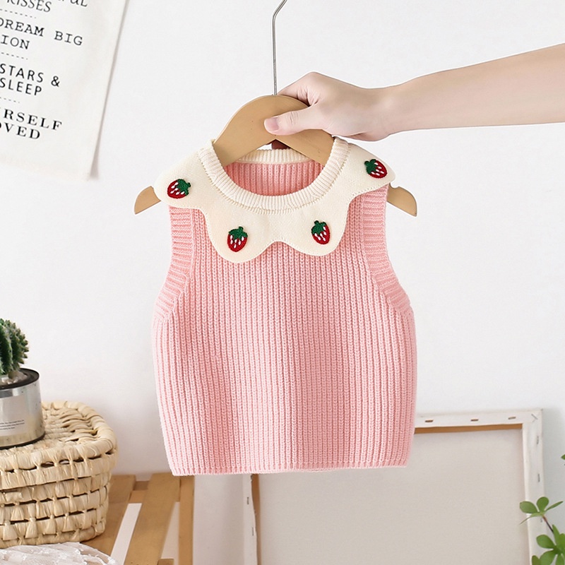 Áo Khoác Len Không Tay In Họa Tiết Dâu Tây Dễ Thương Thời Trang Xuân Thu Cho Bé Gái size 73-110