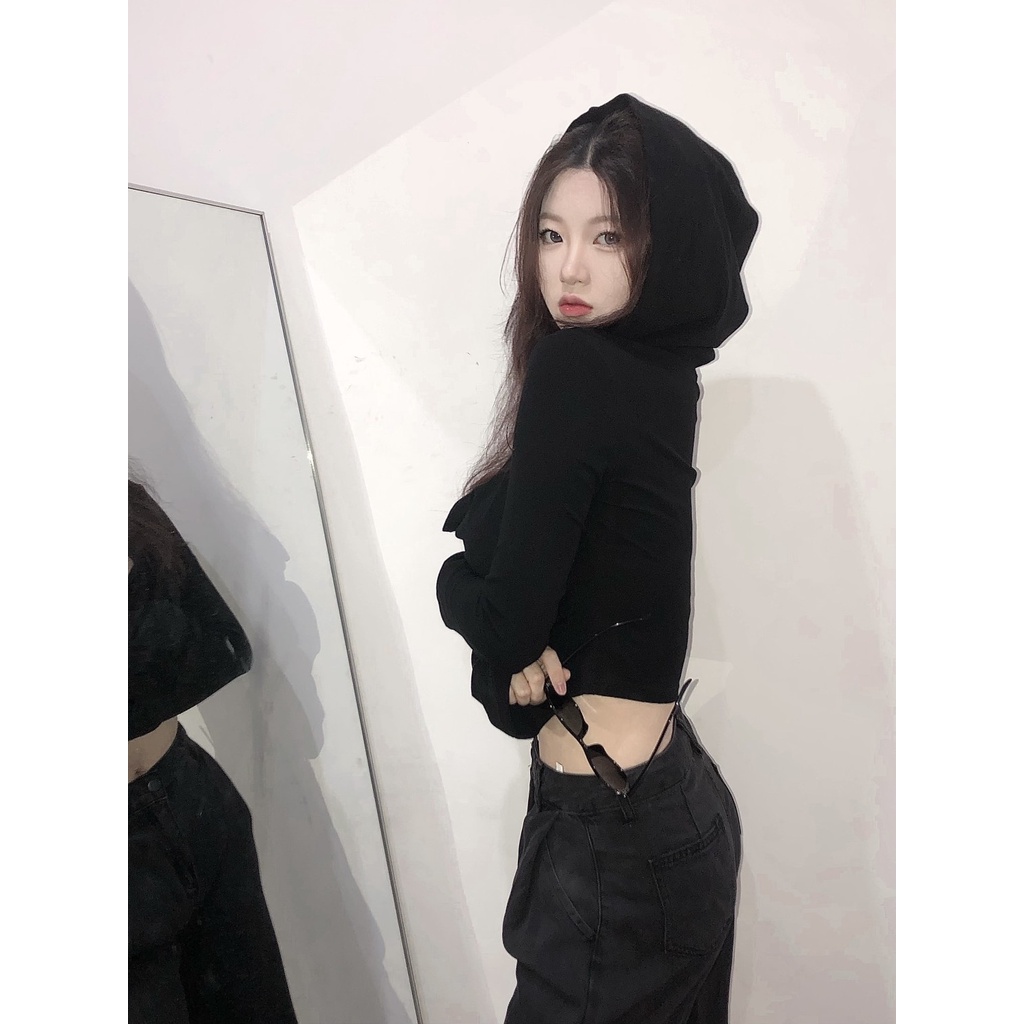 Đen Áo Hoodie Lửng Tay Dài Màu Trơn Dáng Ôm Thời Trang Mùa Thu Phong Cách Hàn Quốc