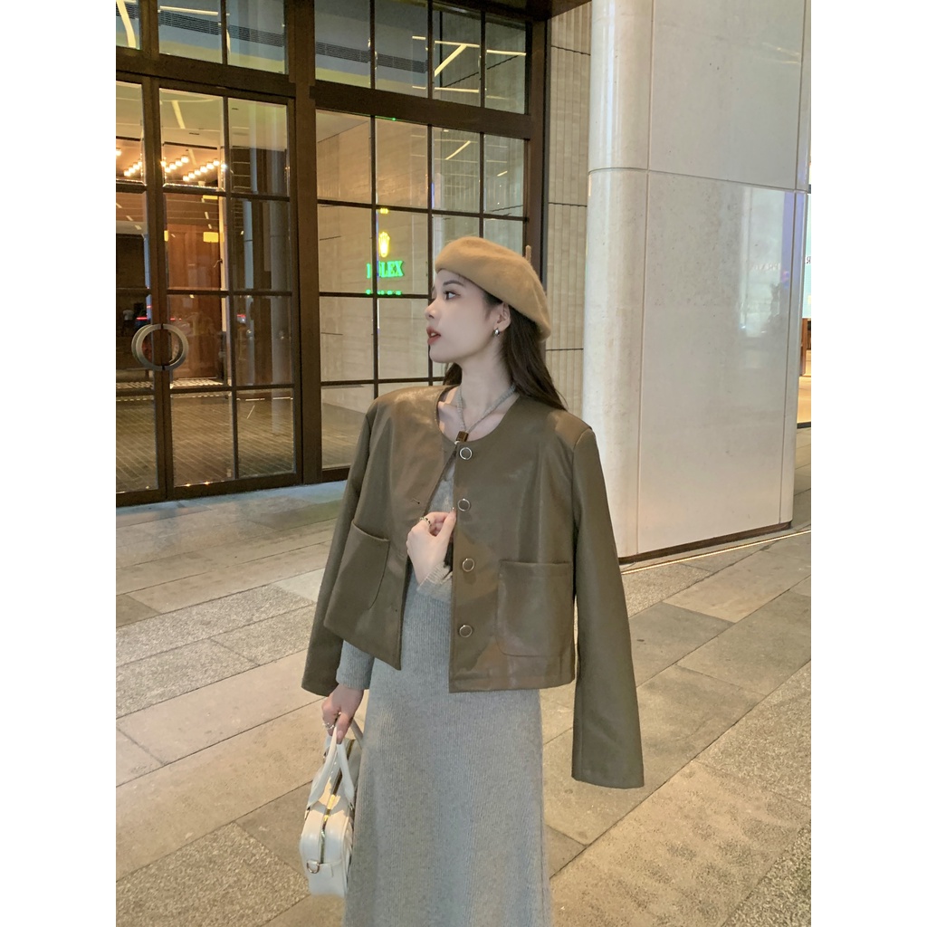 Lisynn Áo Khoác Da pu Dài Tay Phong Cách retro Cho Nữ