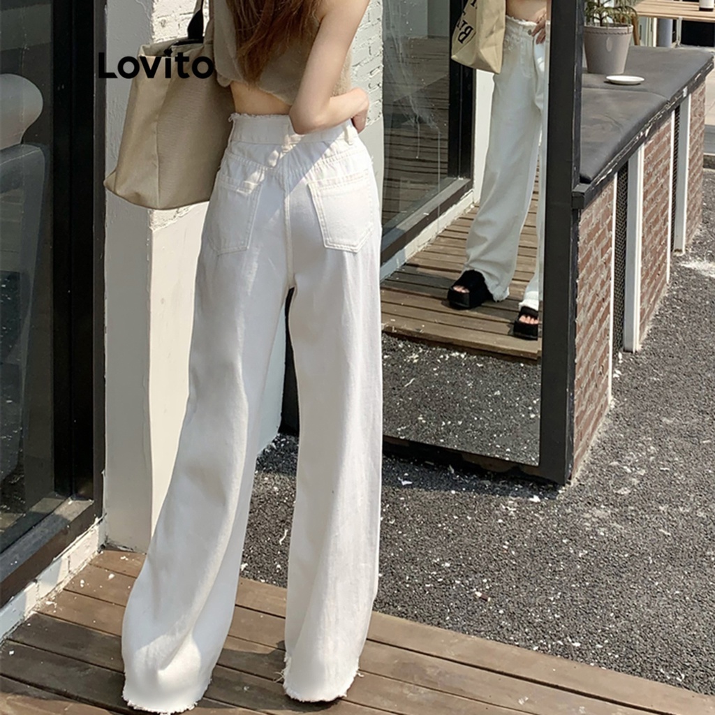 Quần jean Lovito viền thô có túi phối nút thời trang thường ngày cho nữ LNE13105