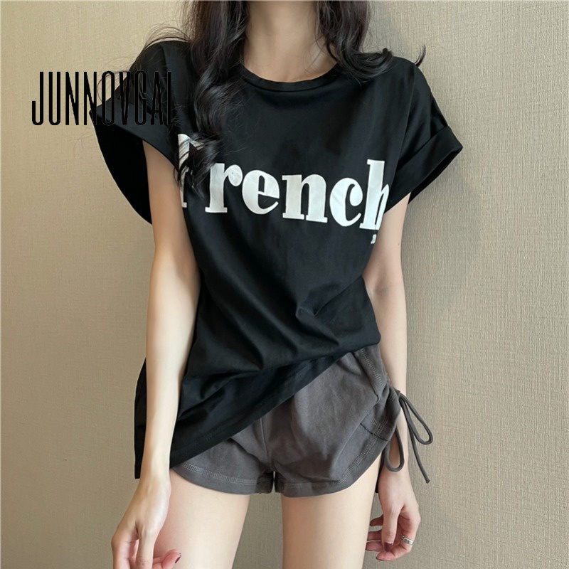 Junnovgal Áo Thun Tay Ngắn Cổ Tròn Màu Trơn Thời Trang 2023 Dành Cho Nữ