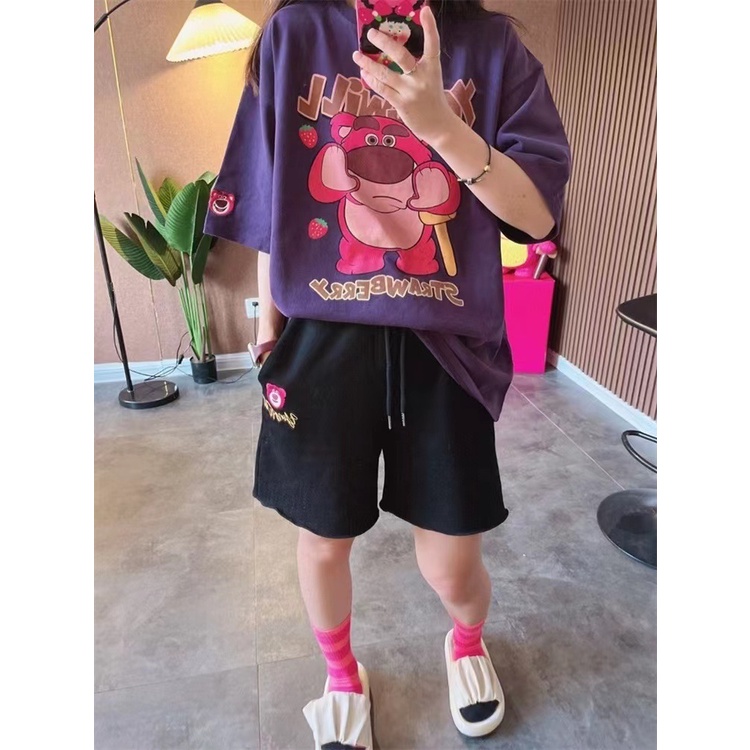 Quần áo gấu dâu bộ quần áo gấu dâu Hoạt Hình Áo Thun Tay Ngắn Dáng Rộng In Họa Tiết Gấu Và Dâu Tây Dễ Thương Thời Trang Mùa Hè 2023 Cho Nữ