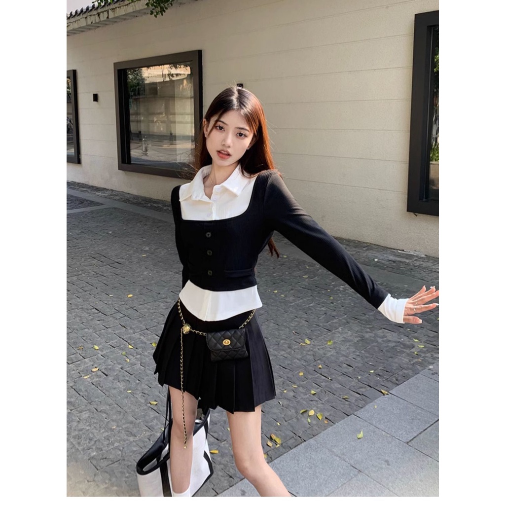 Áo Sơ Mi Ngắn Tay Dài Giả Hai Lớp Màu Sắc Tương Phản Phong Cách Pháp Thời Trang Xuân Thu Cho Nữ