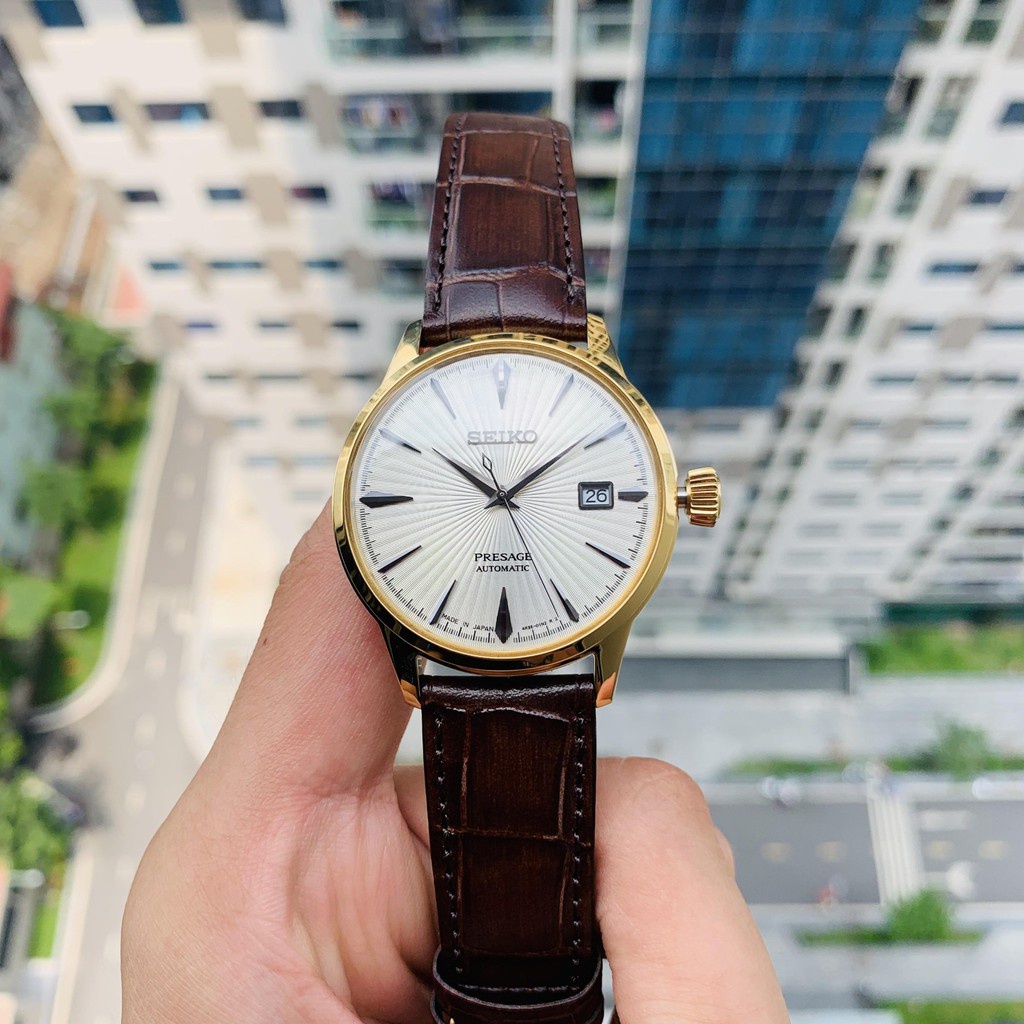 Đồng hồ Nam Seiko cơ tự động Presage Cocktail, kính cường lực Hardlex, dây da SRPB44J1 Chính Hãng