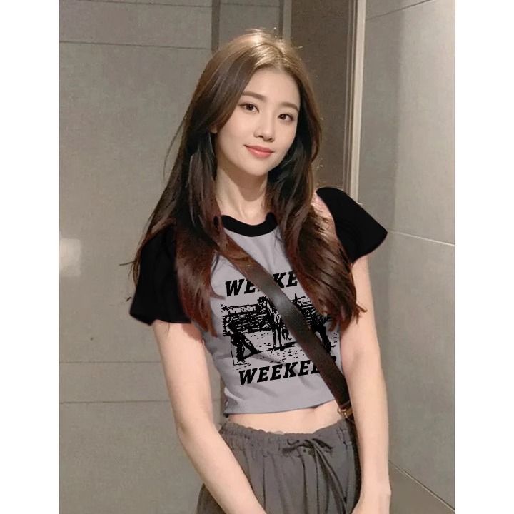 Áo baby tee Áo Thun Tay Ngắn Dáng Ôm Màu Sắc Tương Phản Phong Cách Mỹ Thời Trang Mùa Hè Cho Nữ