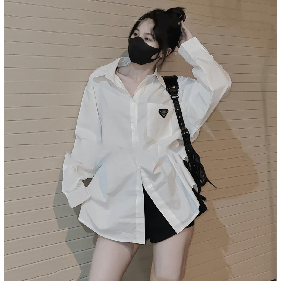 Áo Sơ Mi Nữ, Thêu Chữ Prad Milano Lưng, Form Rộng, Chất Thô Nhuyễn, Mịn Mát, T14090