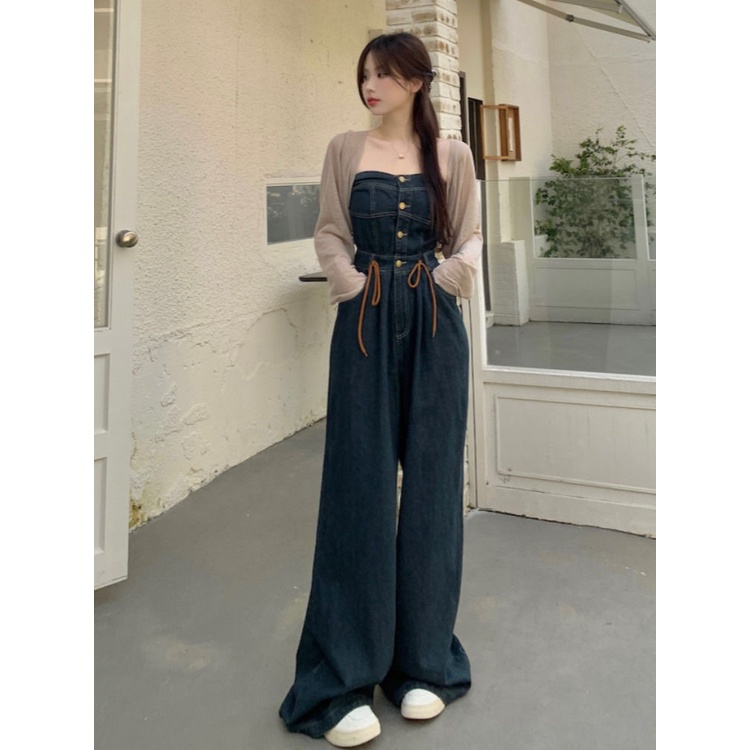 Áo liền quần denim+ áo cardigan mỏng ngắn set đồ nữ thiết kế đau khổ retro quần áo nữ thời trang hàn quốc mùa thu phong cách mới hàng quảng châu
