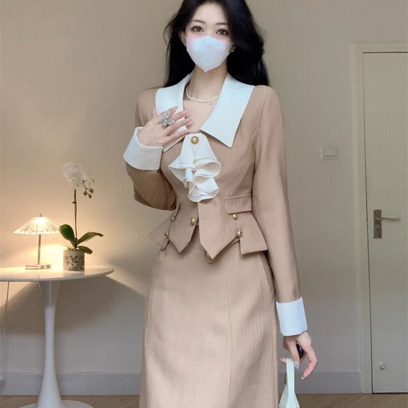 Set Áo Khoác Tay Dài Phối Chân Váy Dài 2023 Phong Cách Pháp Thời Trang Mùa Thu Cho Nữ