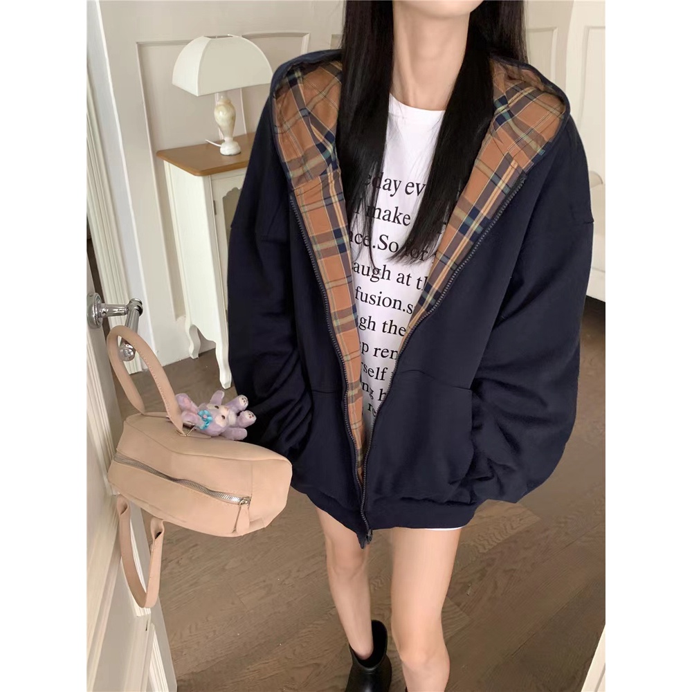 Áo Khoác hoodie Phối Khóa Kéo Thêu Chữ Thời Trang Thu Đông Mới