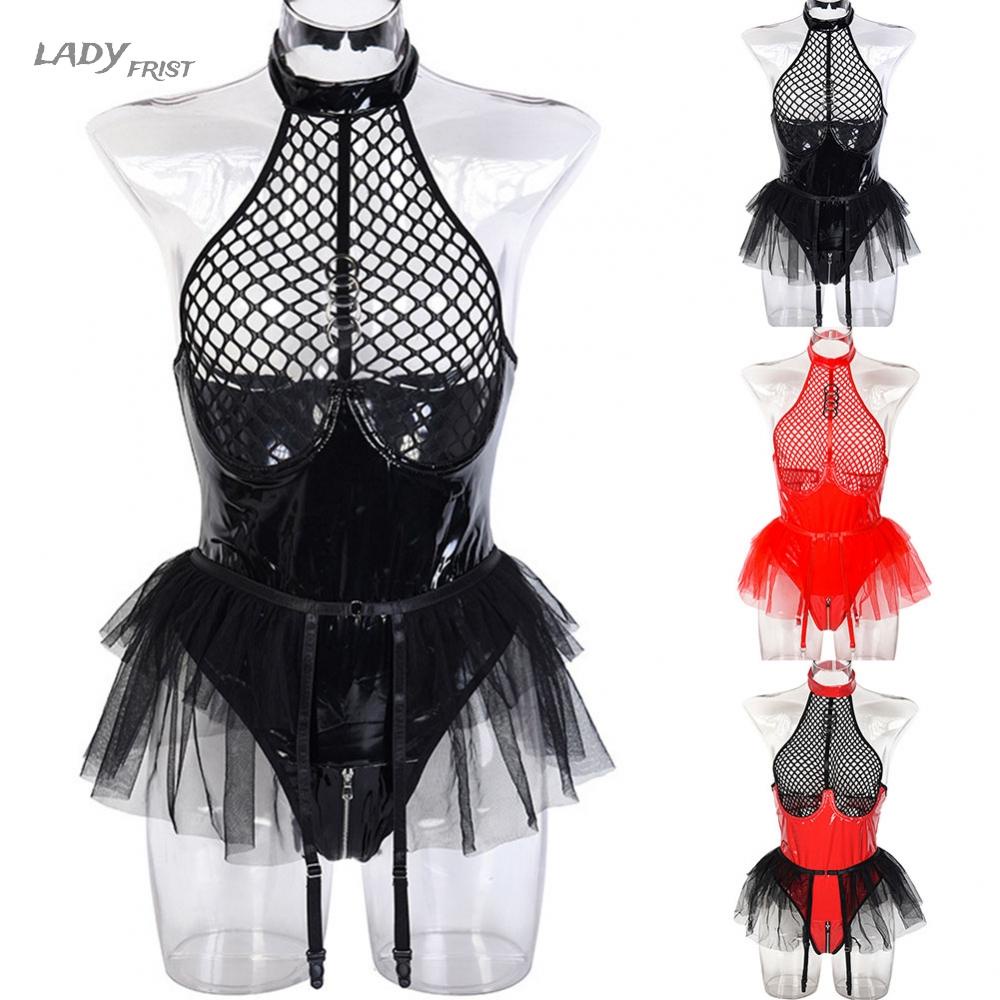 Bộ bodysuit Da pu + Lưới Gợi Cảm Cho Nữ