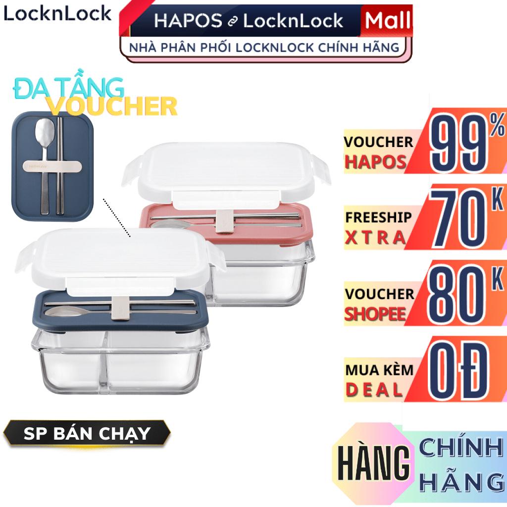 Hộp cơm 2 ngăn thủy tinh LocknLock 930ml chống rò rỉ dùng được lò vi sóng LLG991CL - Tặng cọ rửa, kèm muỗng đũa - HAPOS