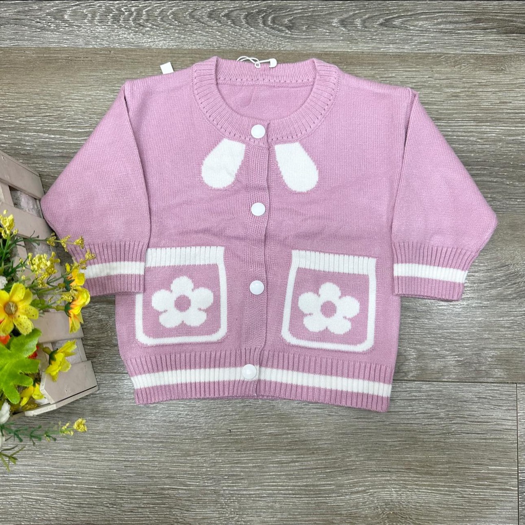 Áo khoác len quảng châu hình hoa, NƠ cho bé mặc thu đông