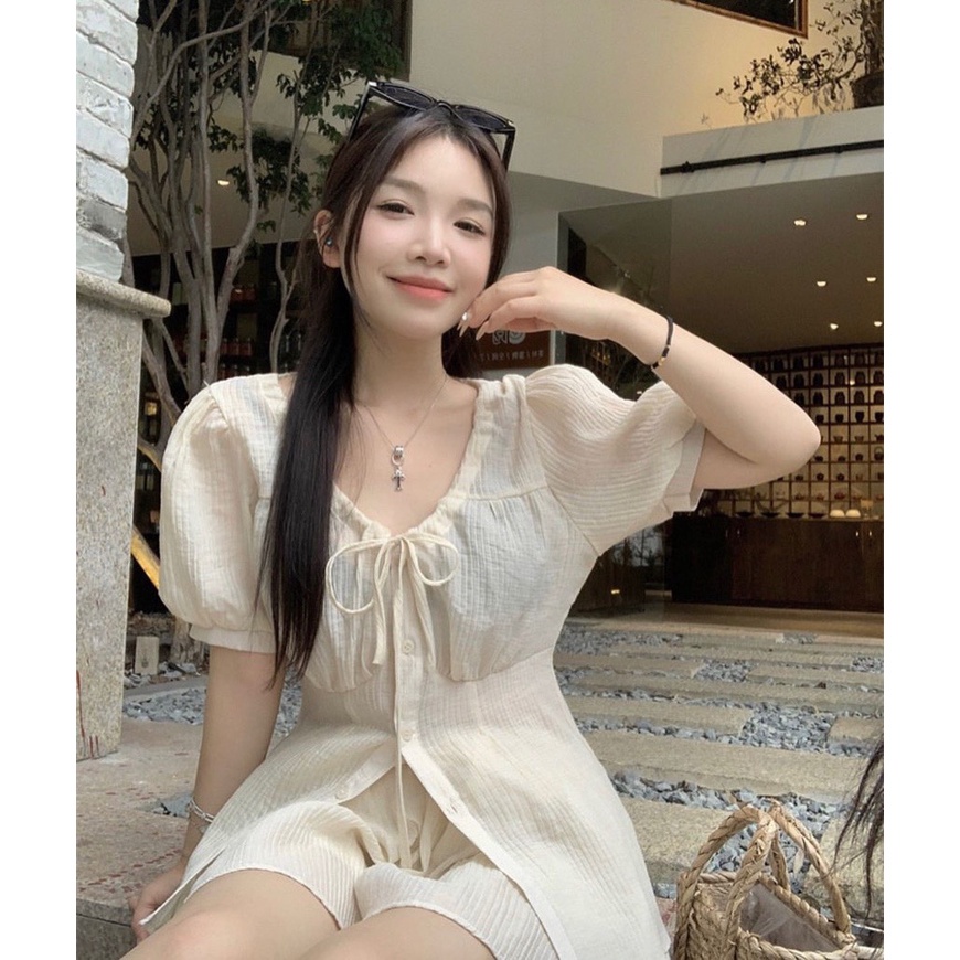 SET ÁO NUDE CỔ V THẮT NƠ + SHORT