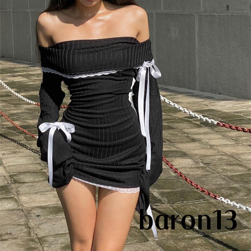 Xo8k-đầm Body Tay Dài Hở Vai Phối Dây Cột Thời Trang Cho Nữ