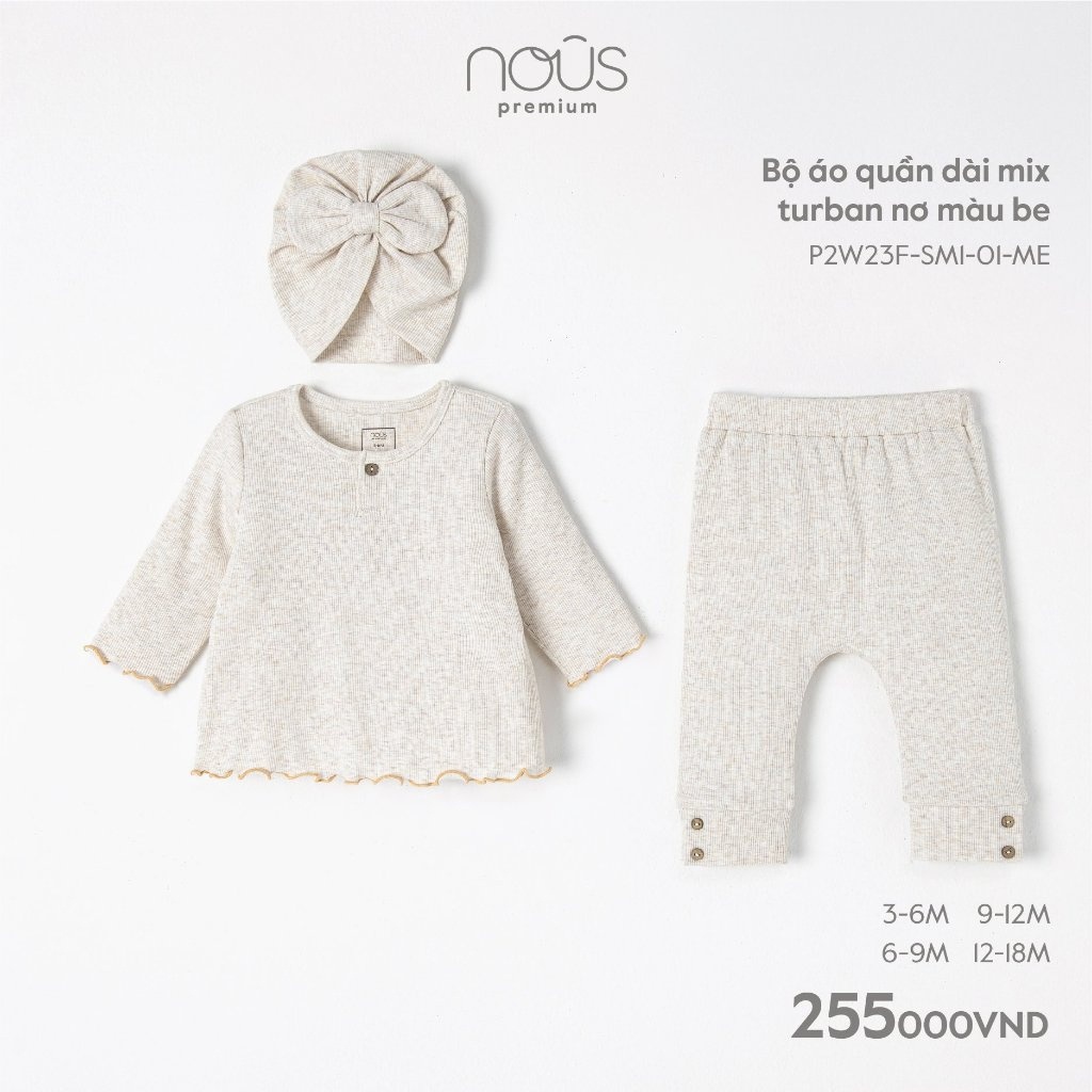NOUS - Bộ áo quần dài mix turban nơ màu be 3M 6M 9M 12M - SS23.10 - babywearvn
