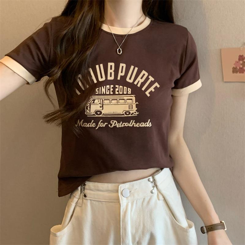 Áo Thun Lụa Sữa Tay Ngắn Cổ Tròn Màu Sắc Tương Phản Phong Cách Mới Cho Nữ