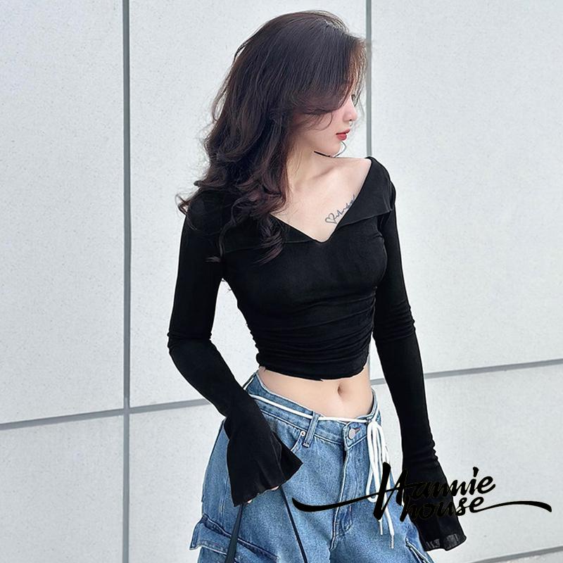 Hannie-áo crop Top Dài Tay Xếp Nếp Màu Trơn Cho Nữ