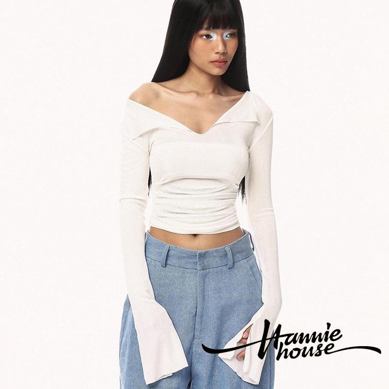 Hannie-áo crop Top Dài Tay Xếp Nếp Màu Trơn Cho Nữ
