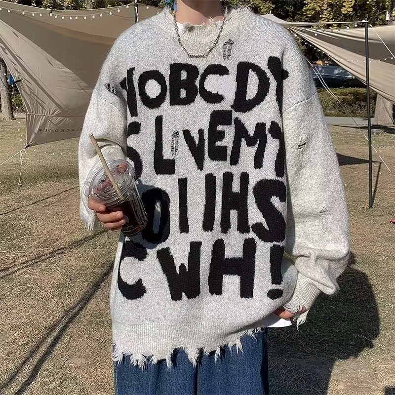 Áo sweater Dệt Kim Tay Dài Dáng Rộng In Chữ Kiểu Hồng Kông Thời Trang Thu Đông Cho Nam