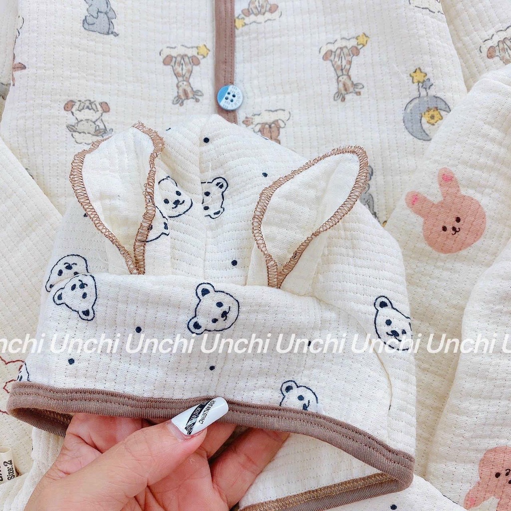 Áo khoác xô trần Hàn Quốc có mũ xinh xắn dày 4 lớp cho bé 4-10kg Thoáng khí