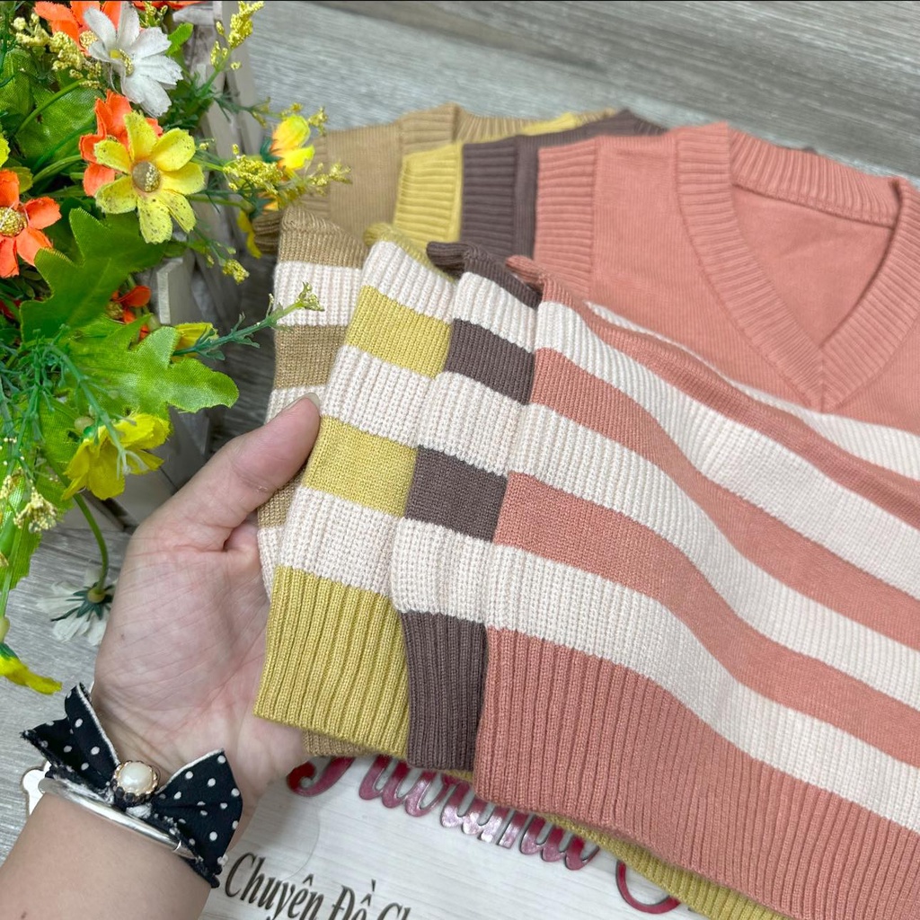 Áo gile len quảng châu cổ tim kẻ cho bé trai bé gái mặc thu đông