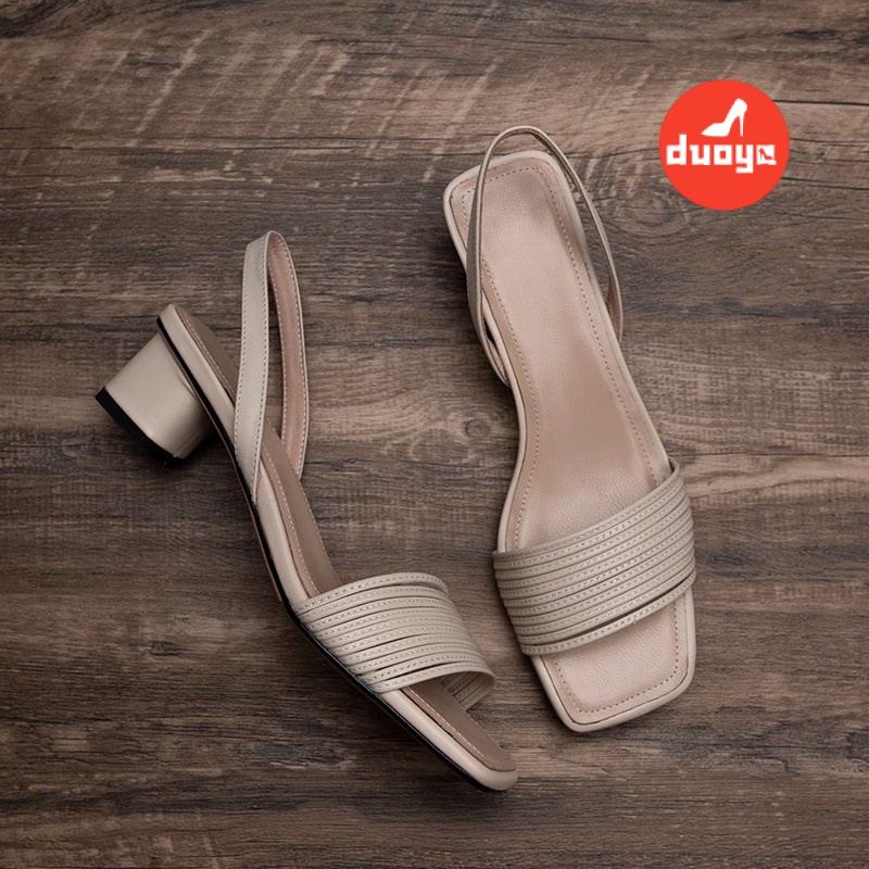 Duoya Tóc Thẳng ~  Giày Sandal Da Thật Gót Dày Mềm Mại Có Dây Đeo Sau Thời Trang Dễ Phối Đồ Cho Nữ