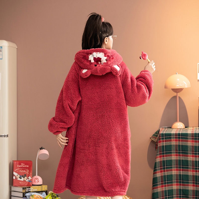 Đầm Ngủ Dáng Dài Chất Nỉ Dày Dặn In Họa Tiết Hoạt Hình Chú Gấu Dễ Thương Thời Trang Thu Đông Cho Nữ