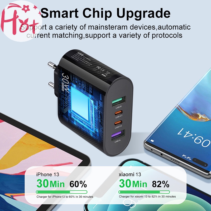 Jr Đầu Sạc Nhanh usb 30w 4 Cổng type c Cho iphone 14 13 pro xiaomi samsung oneplus qc 5.0
