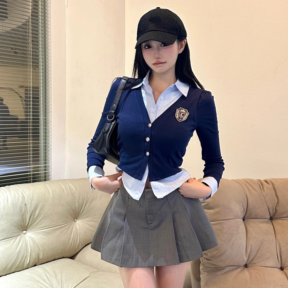 Bộ Áo Sơ Mi Giả Hai Lớp Kẻ Sọc Xanh Dương + Chân Váy Chữ a Lưng Cao Dáng Ôm Cao Cấp ff