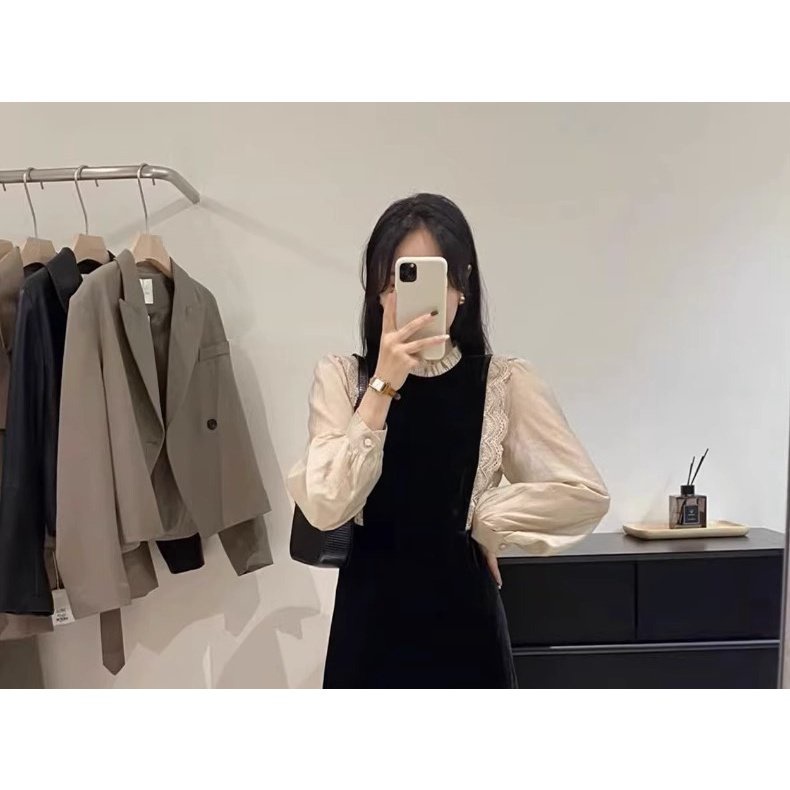 Slightly fat Đầm Nhung Dáng Dài Giả Hai Mảnh Kích Thước Lớn Phong Cách Mới Mùa Thu Pháp 202 Dành Cho Bạn Nữ