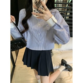 Áo sơ mi cổ tàu họa tiết kẻ dài tay phối cổ trắng