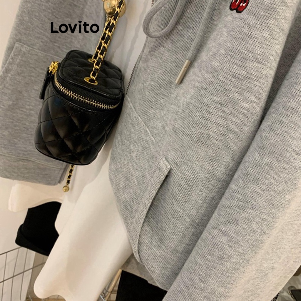 Lovito Áo khoác dây kéo thêu trơn thông thường cho nữ LNE30228