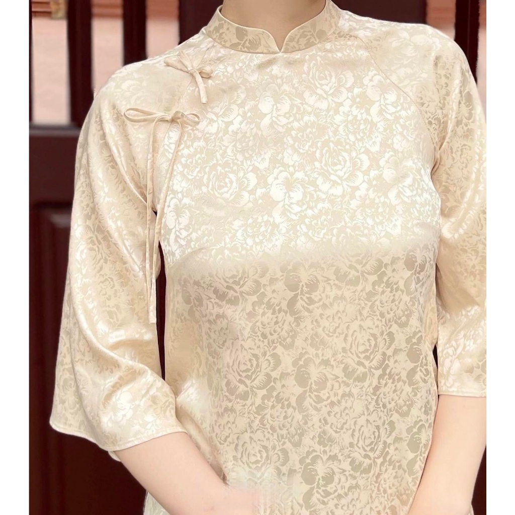 Áo Dài Cách Tân Dáng Xuông Chất Gấm Tơ Đính nơ