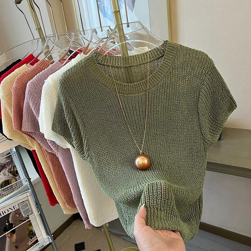 Áo sweater Dệt Kim Tay Ngắn Vải Lụa Lạnh Mỏng Thời Trang Mùa Hè 2023 Phong Cách Pháp Cho Nữ