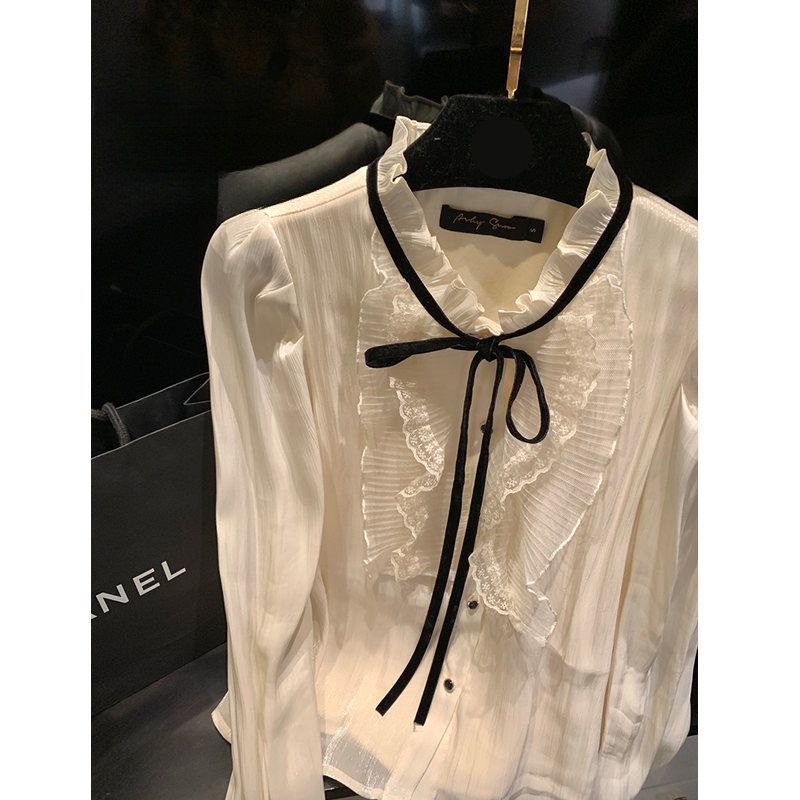 Áo Sơ Mi Tay Dài Phối Ren Phong Cách Pháp Thanh Lịch Cho Nữ