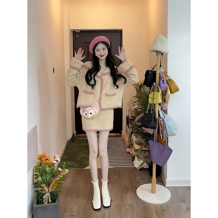 Bộ áo khoác ngắn mùa thu dễ thương, áo len + váy gợi cảm cho nữ