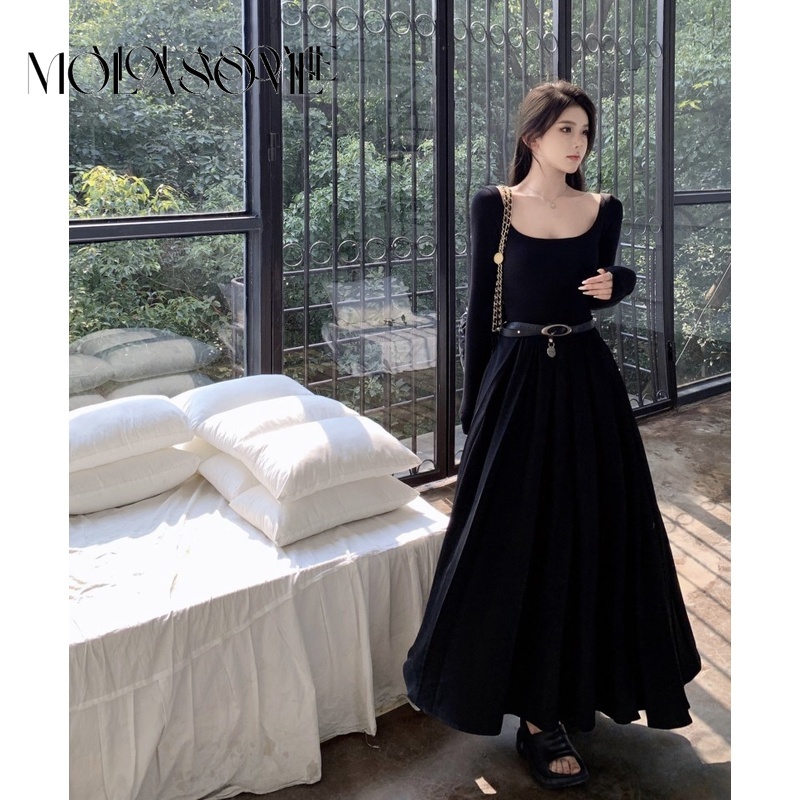 Polaroisome Đầm maxi Tay Dài Hở Vai Màu Trơn Thời Trang Mới 2023 Dành Cho Bạn Nữ