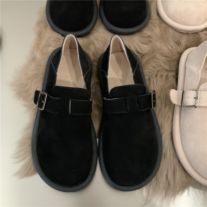 YAOLI  Giày Búp Bê Đế Bằng Phối Lông Màu Nâu Phong Cách retro Hợp Mùa Thu Đông