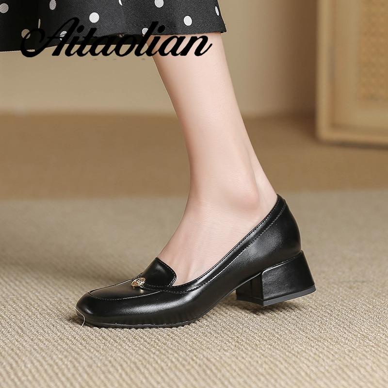 Giày Cao Gót 4cm Da Mềm Mũi Vuông Phong Cách Anh Quốc