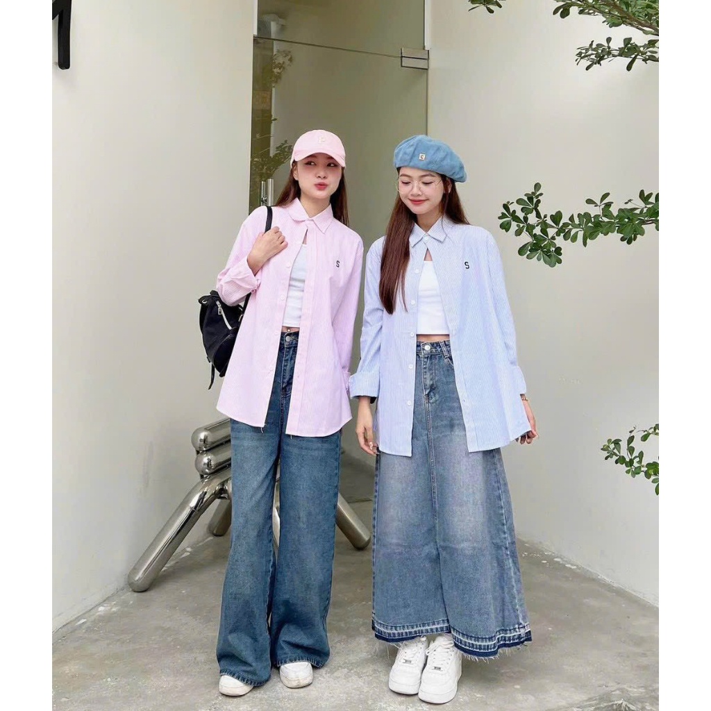 Áo sơ mi nữ dài tay kẻ sọc dáng dài thêu chữ áo kiểu đi học đi chơi ATC0069